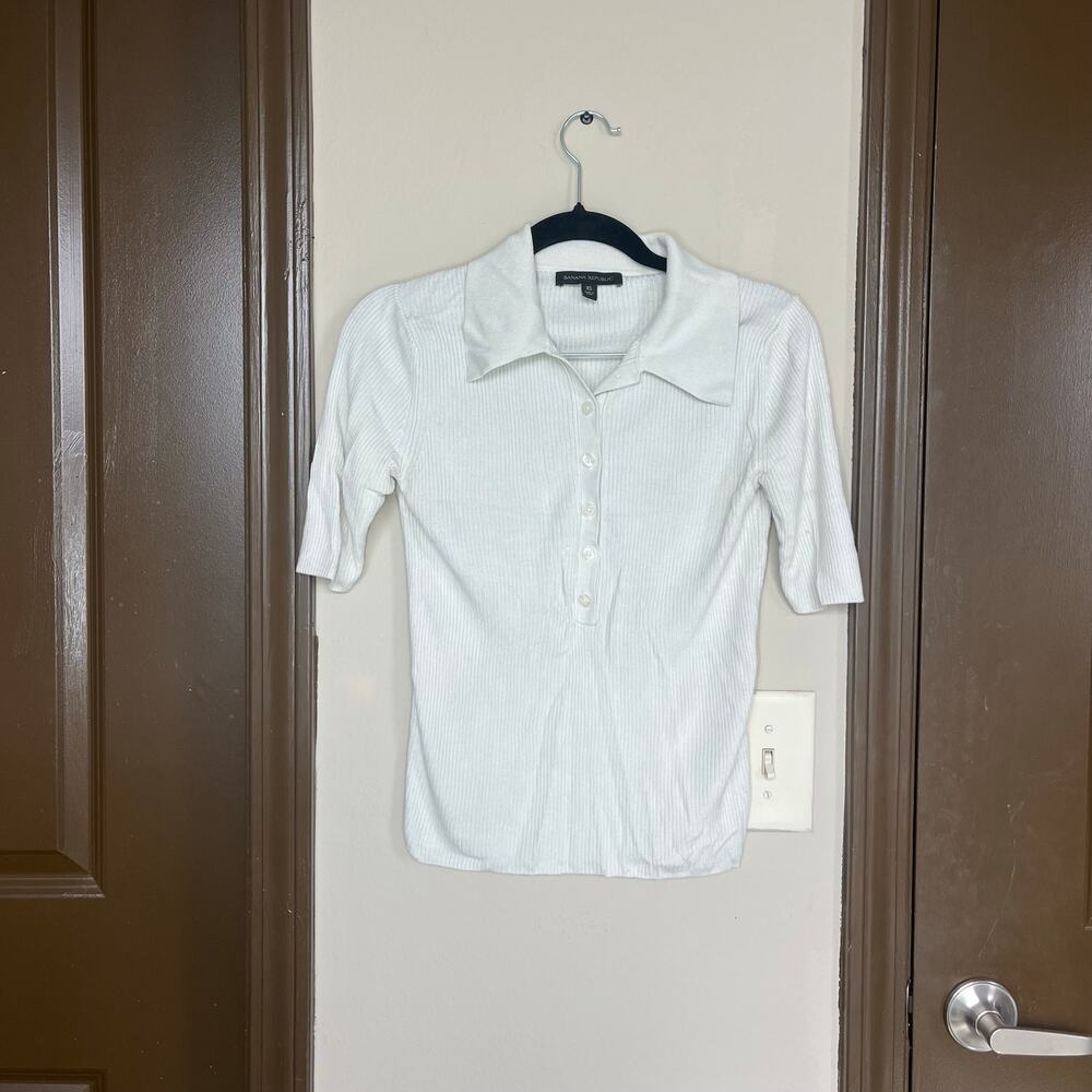Banana Republic White Ribbed Knit Polo Sweater V Neck Short Sleeve XS